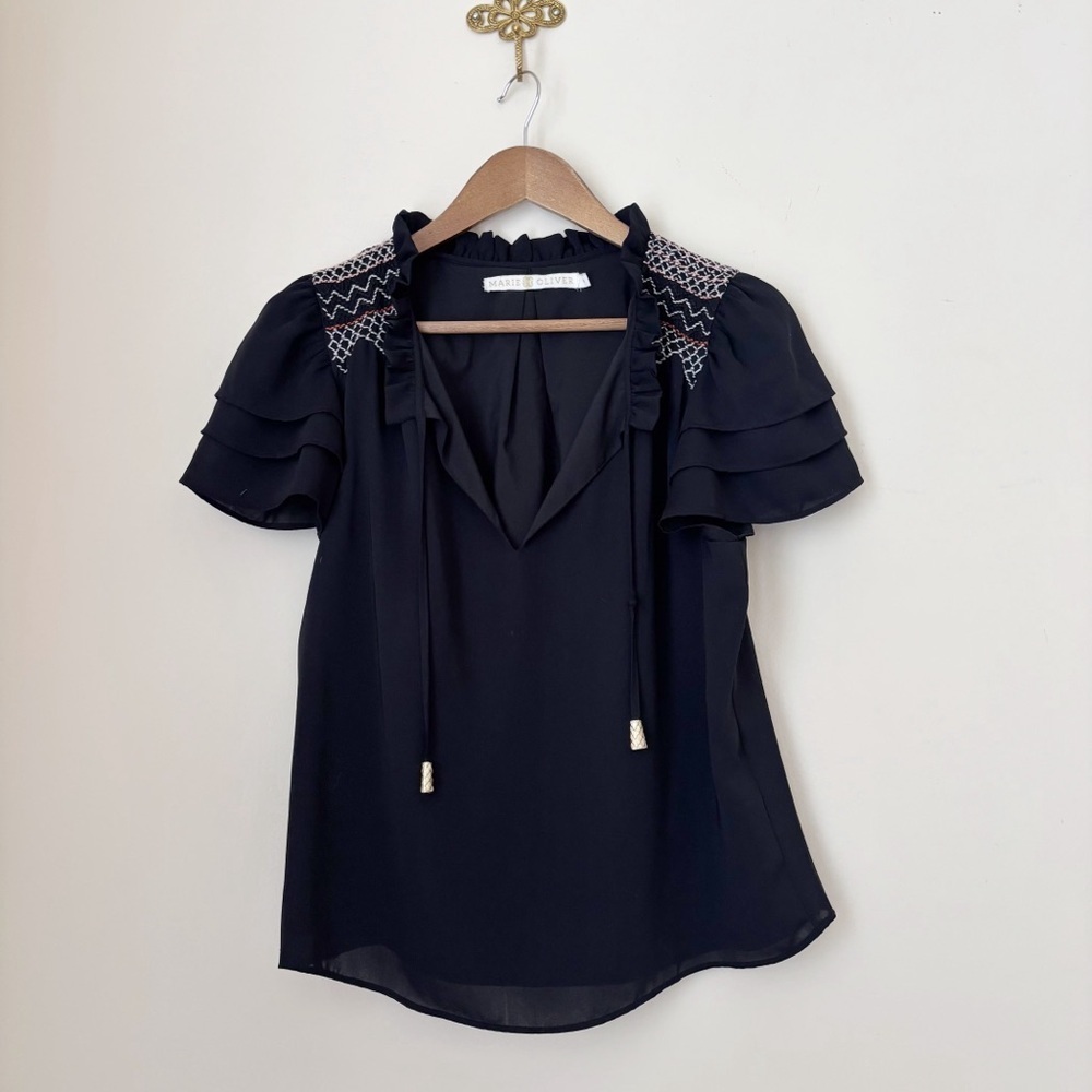 Marie Oliver Black Embroidered Short Sleeve Blouse Small